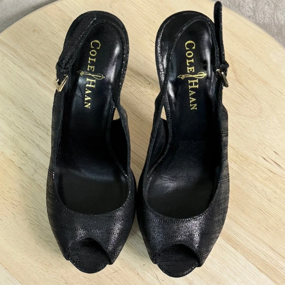 Cole Haan NikeAir Black Snake Embossed Platform Slingback Peep Toe Heels 5.5B‎